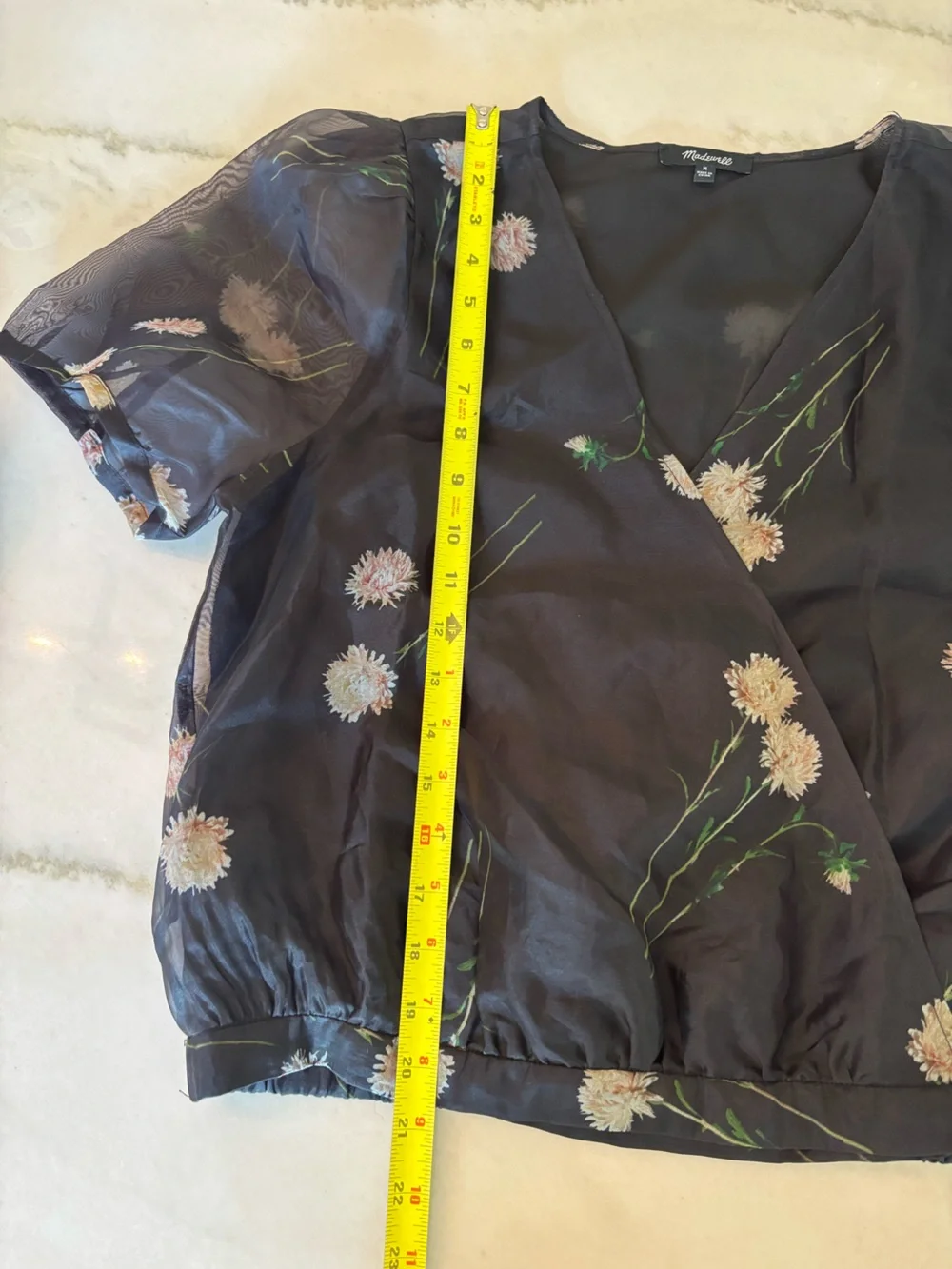 Madewell 100% Silk Organza Puff-Sleeve Floral Wrap Top Sheer Size M